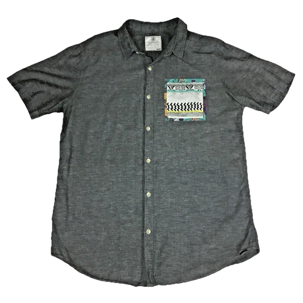 On The Byas Mens XL Gray Short Sleeve Button Up Shirt Aztec Print Pocket Casual